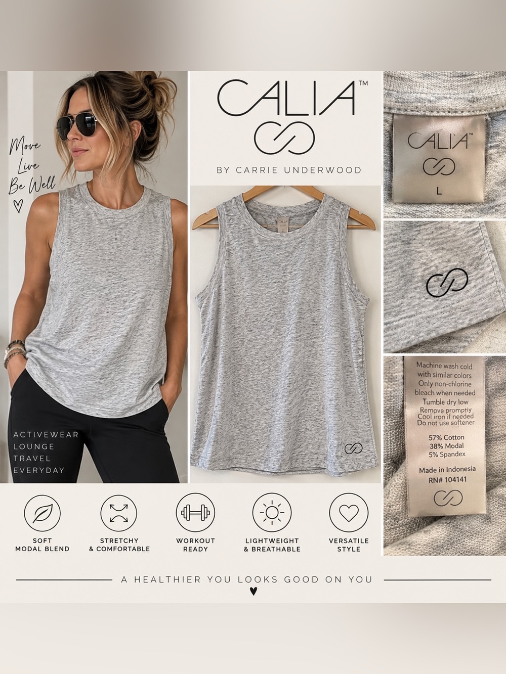 CALIA Women’s Large Heather Gray Sleeveless Modal Blend Tank Top